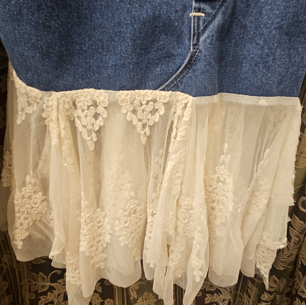 Free People Carhartt Blue Denim Overall Dress with Cream Lace, Handmade - Picture 4 of 8